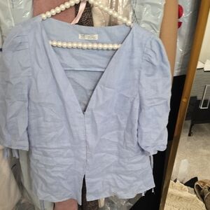 Zara Blue Puff Sleeve Blouse with Ruched Buttoned Design